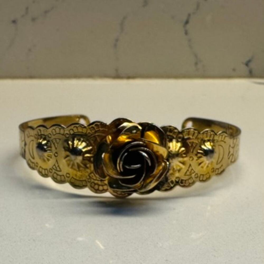 Gold Tone Rose Cuff Bracelet Boho Western Floral Etched Statement